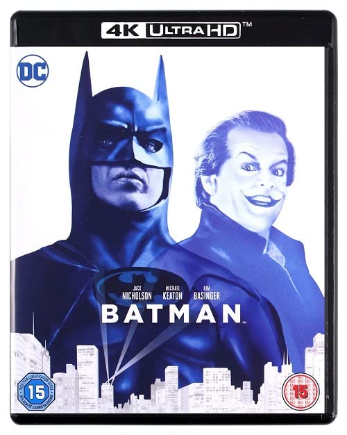 Batman" Blu-ray case featuring Batman and the Joker, with city skyline.