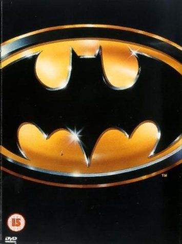 Black Batman logo with a gold oval background on a black DVD cover.