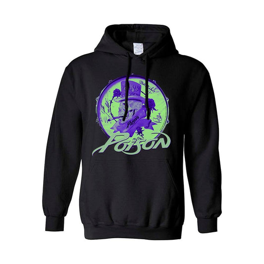 Black hoodie with a purple and green Poison graphic print.