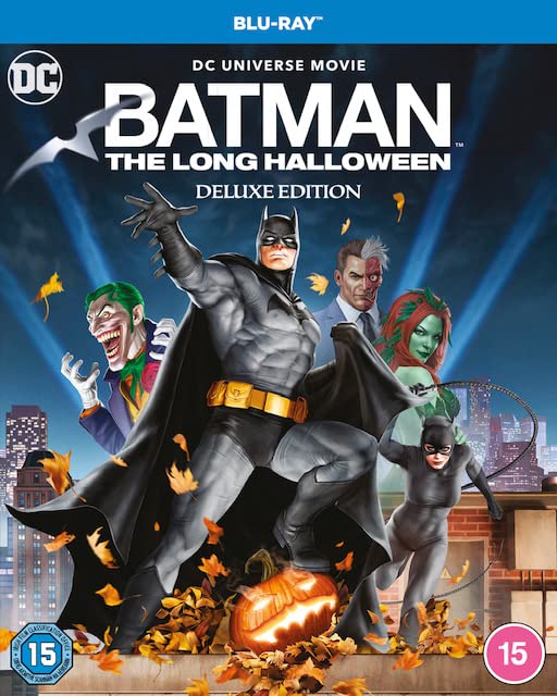 Batman, Joker, Two-Face, Poison Ivy, and Catwoman on a Blu-ray cover with autumn leaves.