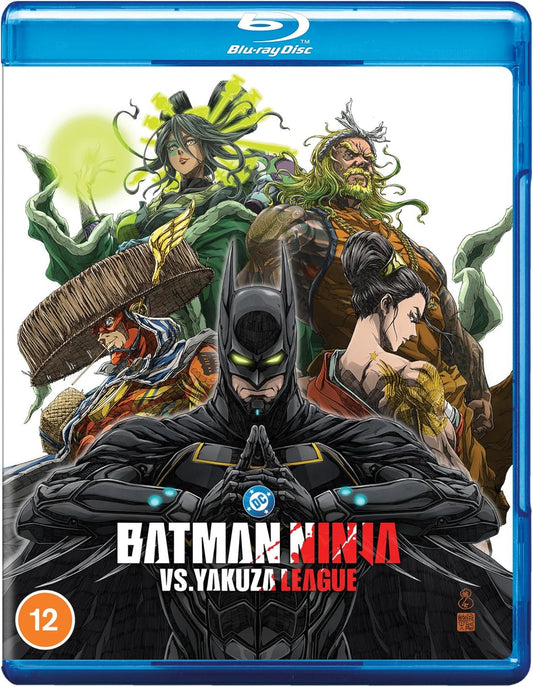Batman Ninja in the foreground with anime-style DC characters behind him on Blu-ray cover.