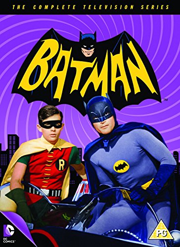 Batman and Robin on a motorcycle, with the Batman logo above.