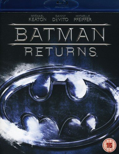 Batman Returns Blu-ray cover featuring a metallic Batman logo surrounded by icy blue mist.