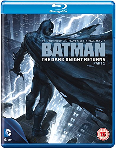 Blu-ray cover for Batman: The Dark Knight Returns Part 1, stormy cityscape.