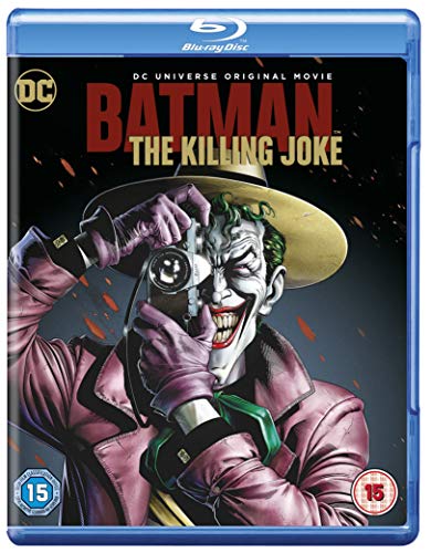 Blu-ray cover for "Batman: The Killing Joke" featuring The Joker with a camera.