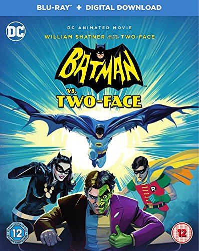 "Blu-ray cover featuring Batman, Catwoman, Robin, and Two-Face against a blue background."