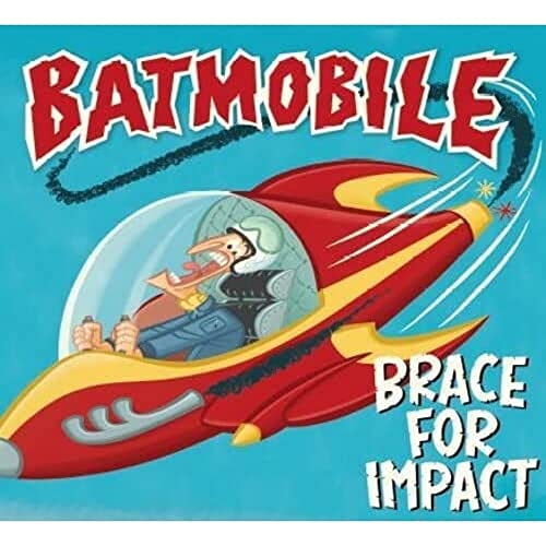 Cartoon Batmobile speeding with a panicked driver inside, CD cover art.