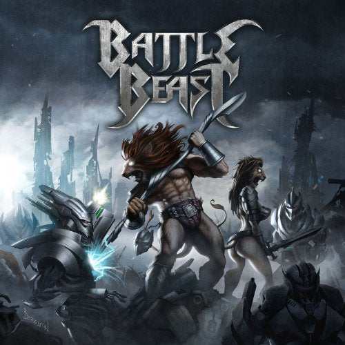 Fantasy album cover featuring anthropomorphic lion warriors and robotic figures.
