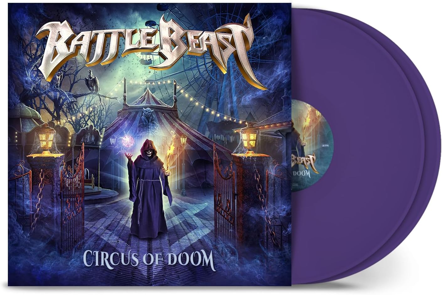 Battle Beast Circus of Doom vinyl record cover art with two purple vinyl discs.
