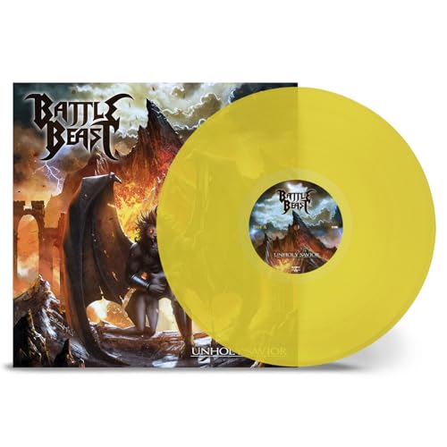 Battle Beast Unholy Savior vinyl record with yellow disc and fantasy album cover art.