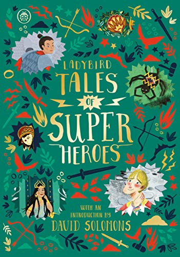 Ladybird book cover depicting illustrated superhero portraits and emblems.