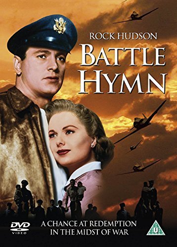 DVD cover for "Battle Hymn" featuring Rock Hudson and a wartime scene.