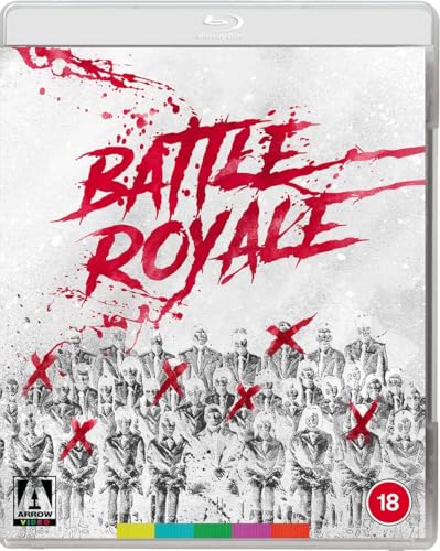 Battle Royale Blu-ray cover featuring red text over a sketch of students with crosses.