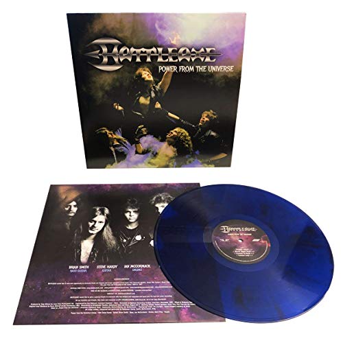 Battleaxe vinyl record with cover art featuring a band and cosmic imagery.