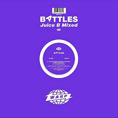 Purple vinyl record sleeve with white text and logos, barcode at top center.