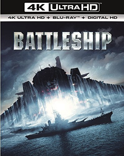 "Battleship" Blu-ray case with a warship and alien structure in a stormy sea scene.