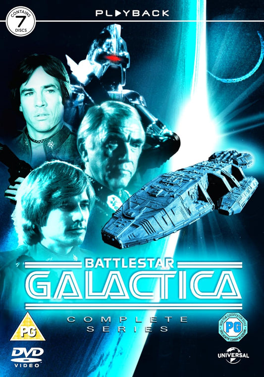 Battlestar Galactica DVD cover featuring characters and a spaceship.