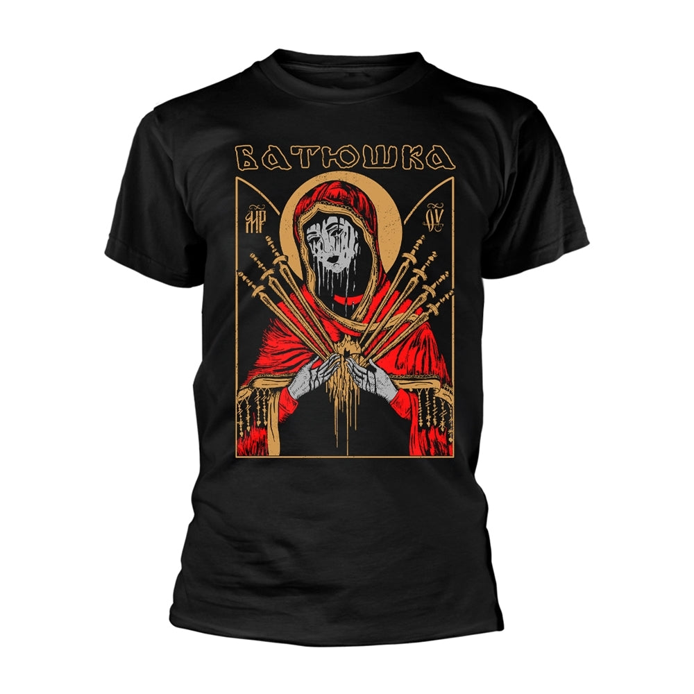 Black t-shirt with a red and gold religious icon print.