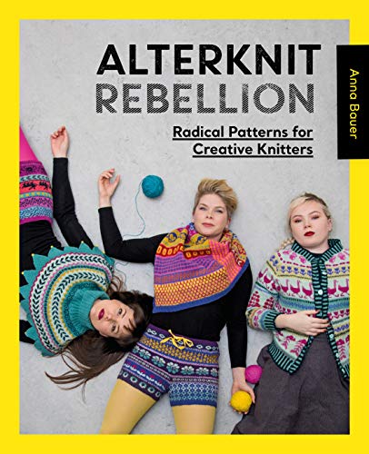 Three people lying on the floor wearing colorful patterned knitwear and holding yarn balls.