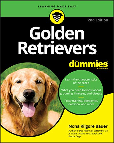 Book cover: "Golden Retrievers For Dummies" with a golden retriever portrait.