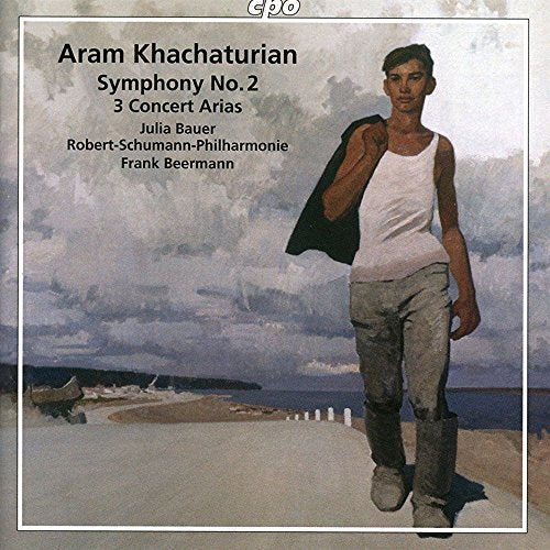 CD cover: painting of a young man carrying a jacket by the sea.