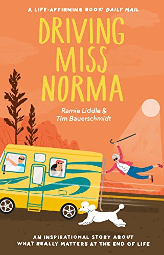 Book cover: yellow RV, flying woman, and two white poodles in a landscape.