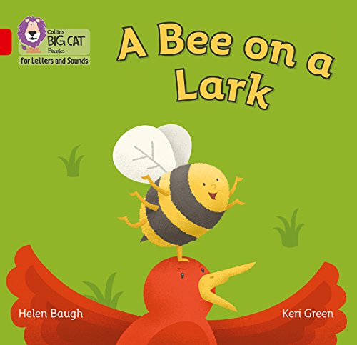 Cartoon bee flying above a red bird on a green background.