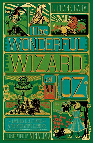 Book cover for The Wonderful Wizard of Oz with gold illustrations on green background.