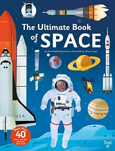 Book cover featuring an astronaut, rockets, planets, and satellites against a dark blue background.