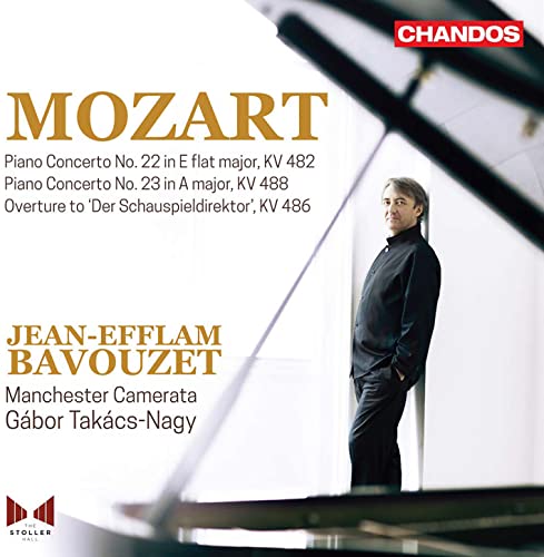 CD cover featuring pianist Jean-Efflam Bavouzet and text “Mozart”.