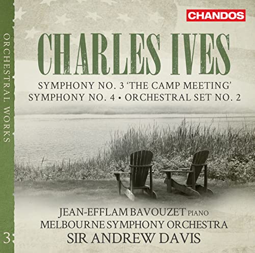 CD cover for Ives’ orchestral works featuring lakeside chairs.