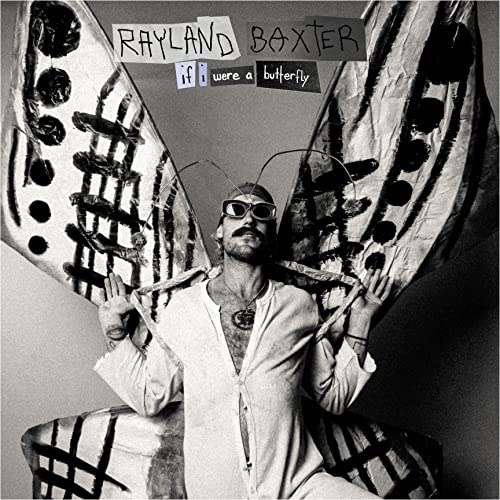 Black and white album cover featuring a man with butterfly wings.