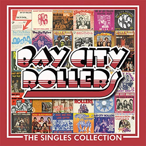 Red album cover with "Bay City Rollers" in large text and collage of singles artwork.