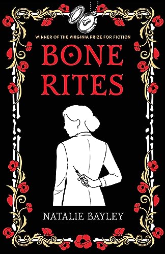 Book cover: black background with white skeletal and floral border, woman’s silhouette.