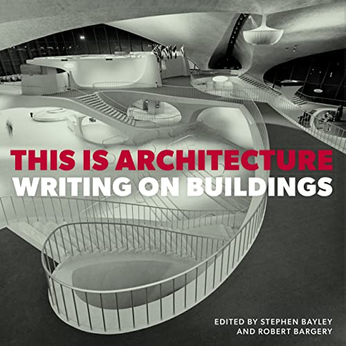 Book cover featuring a curved, modern building interior and bold red text.