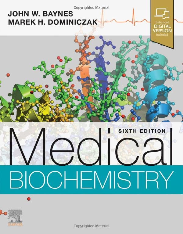 Medical Biochemistry" textbook cover with molecular graphic and bold title.
