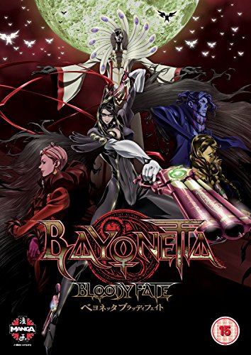 “Bayonetta: Bloody Fate” DVD cover featuring characters and ornate red design.