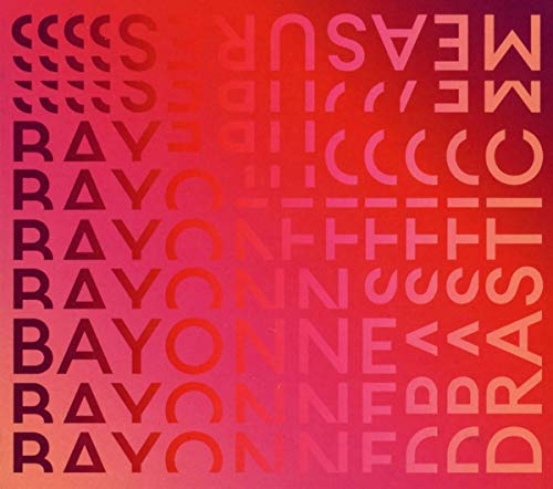 CD cover for Bayonne’s “Drastic Measures” with repeating text in red and pink.