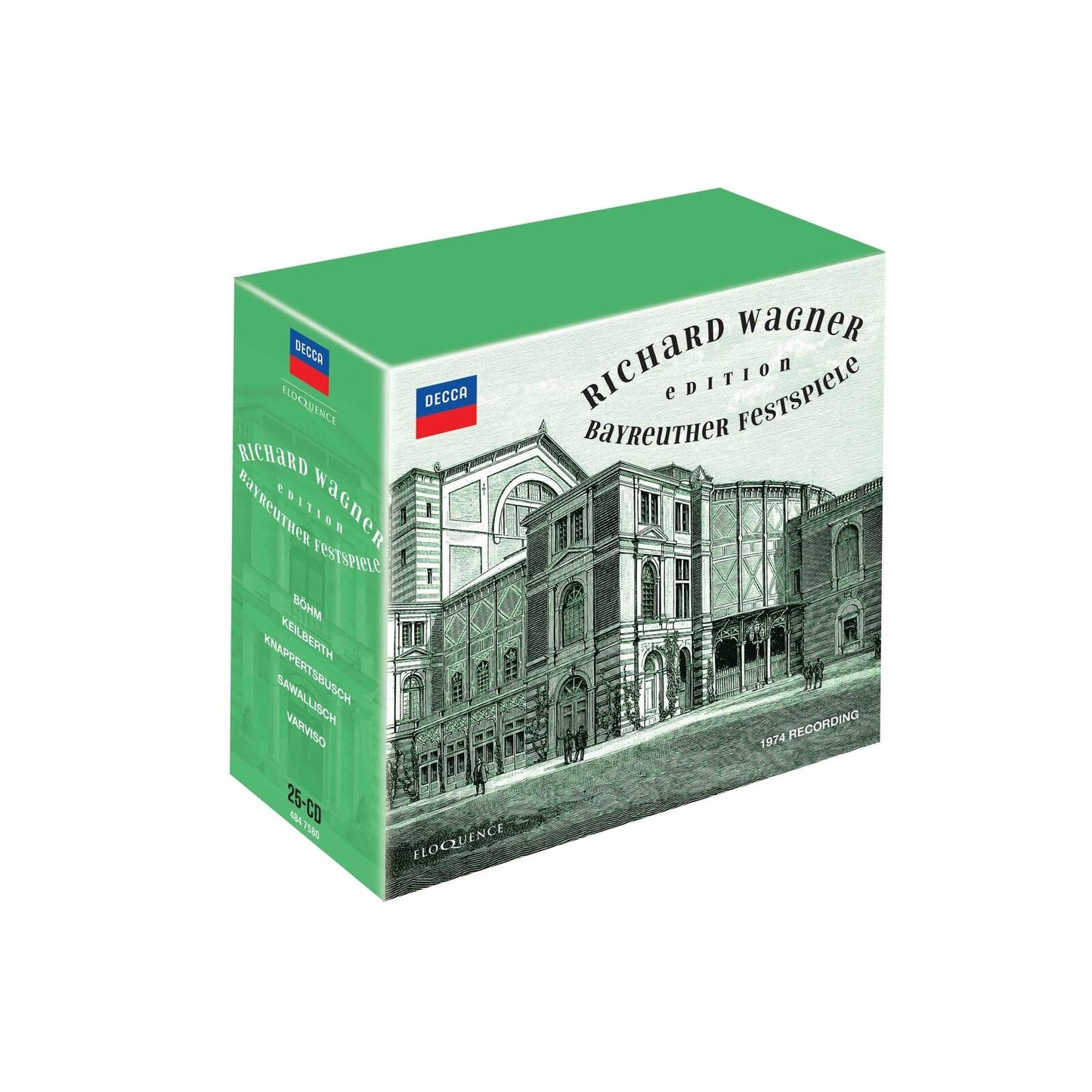 Red CD box set featuring a detailed illustration of the Bayreuth Festspielhaus.