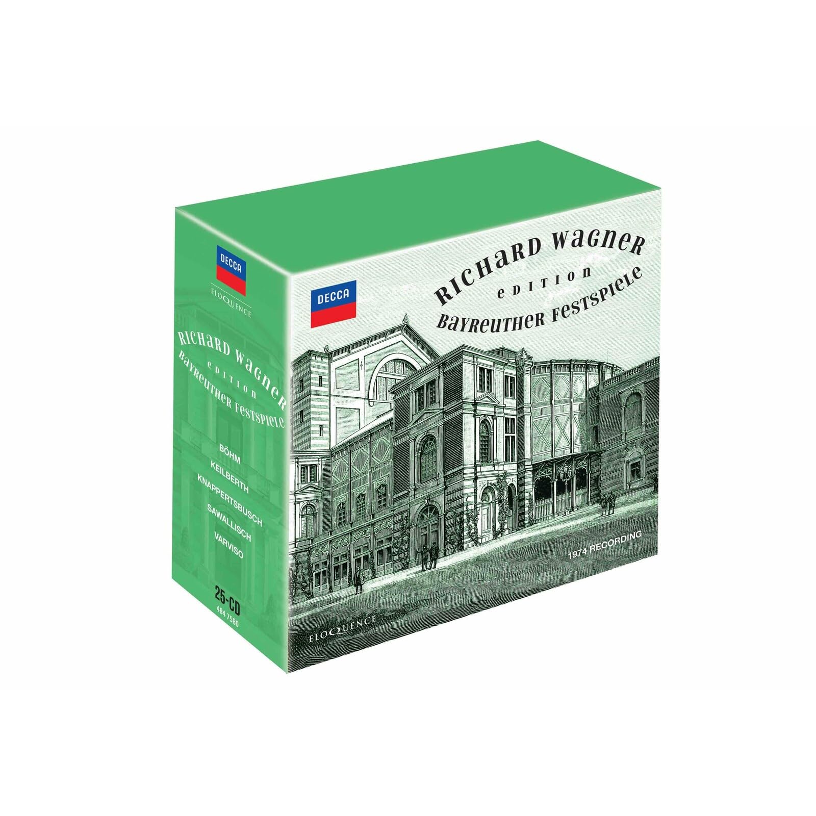 Red CD box set featuring a detailed illustration of the Bayreuth Festspielhaus.