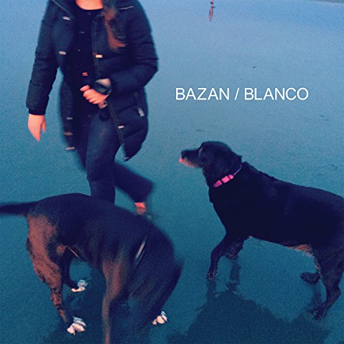 Album cover: woman in black coat walking two black dogs on a blue surface.