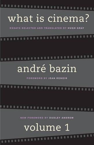 Book cover: "What Is Cinema? Volume 1" by André Bazin, with filmstrip design.