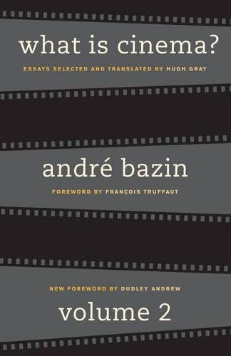 Book cover: "What Is Cinema? Volume II" by André Bazin, with filmstrip design.