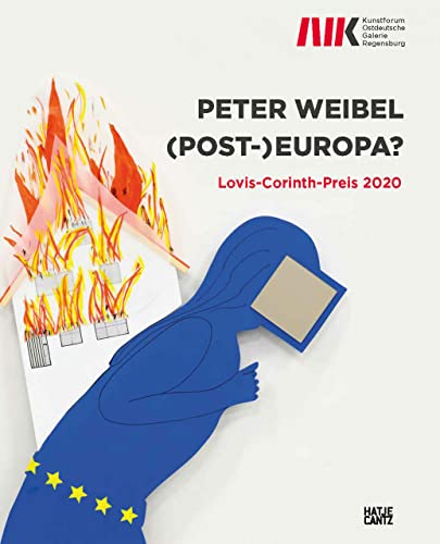Book cover with a blue figure, burning building, and text “Peter Weibel.”