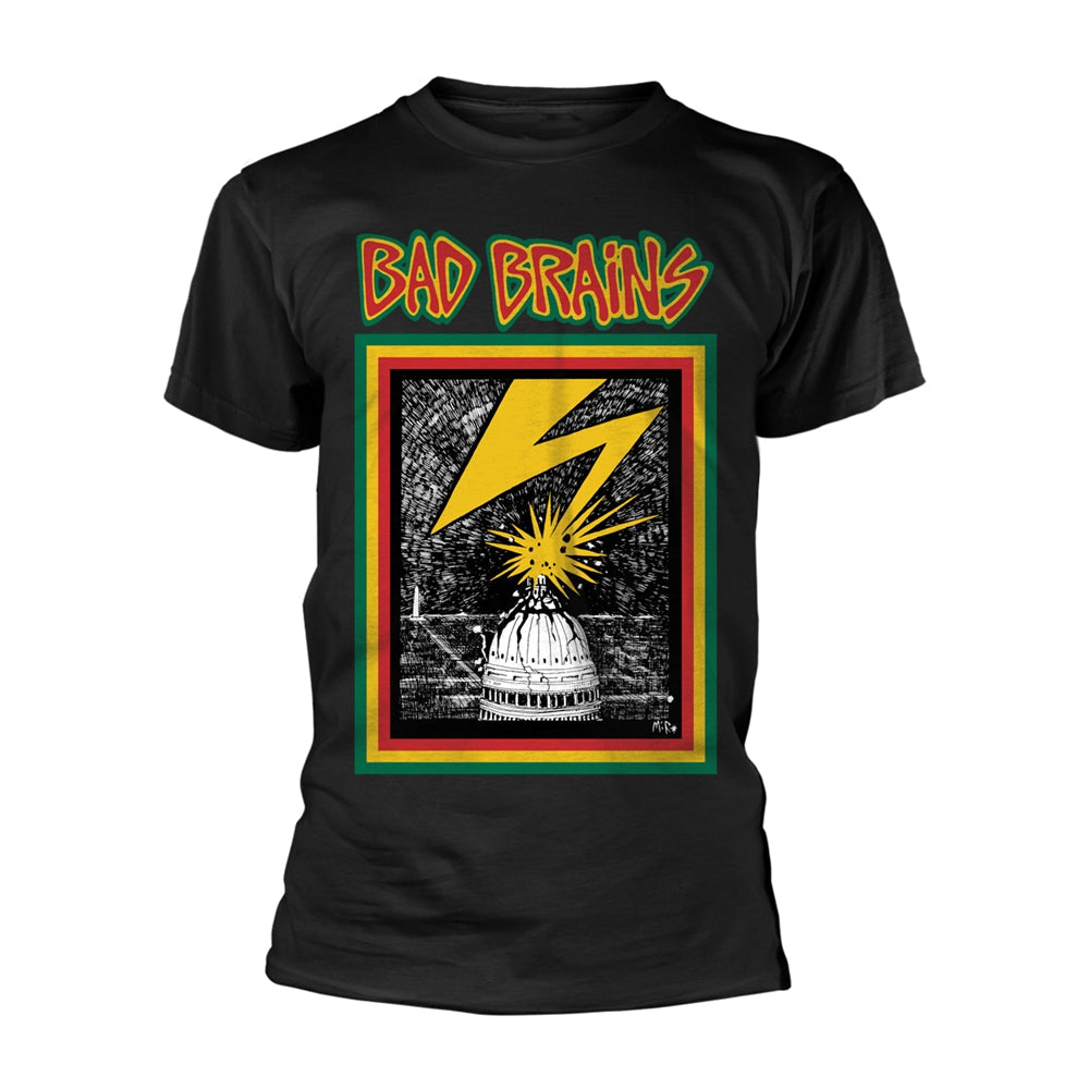 Black t-shirt with colorful Bad Brains band logo and Capitol Building graphic.
