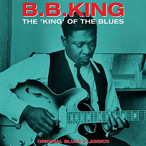 B.B. King playing an electric guitar, tinted in teal, with text overlaying the image.