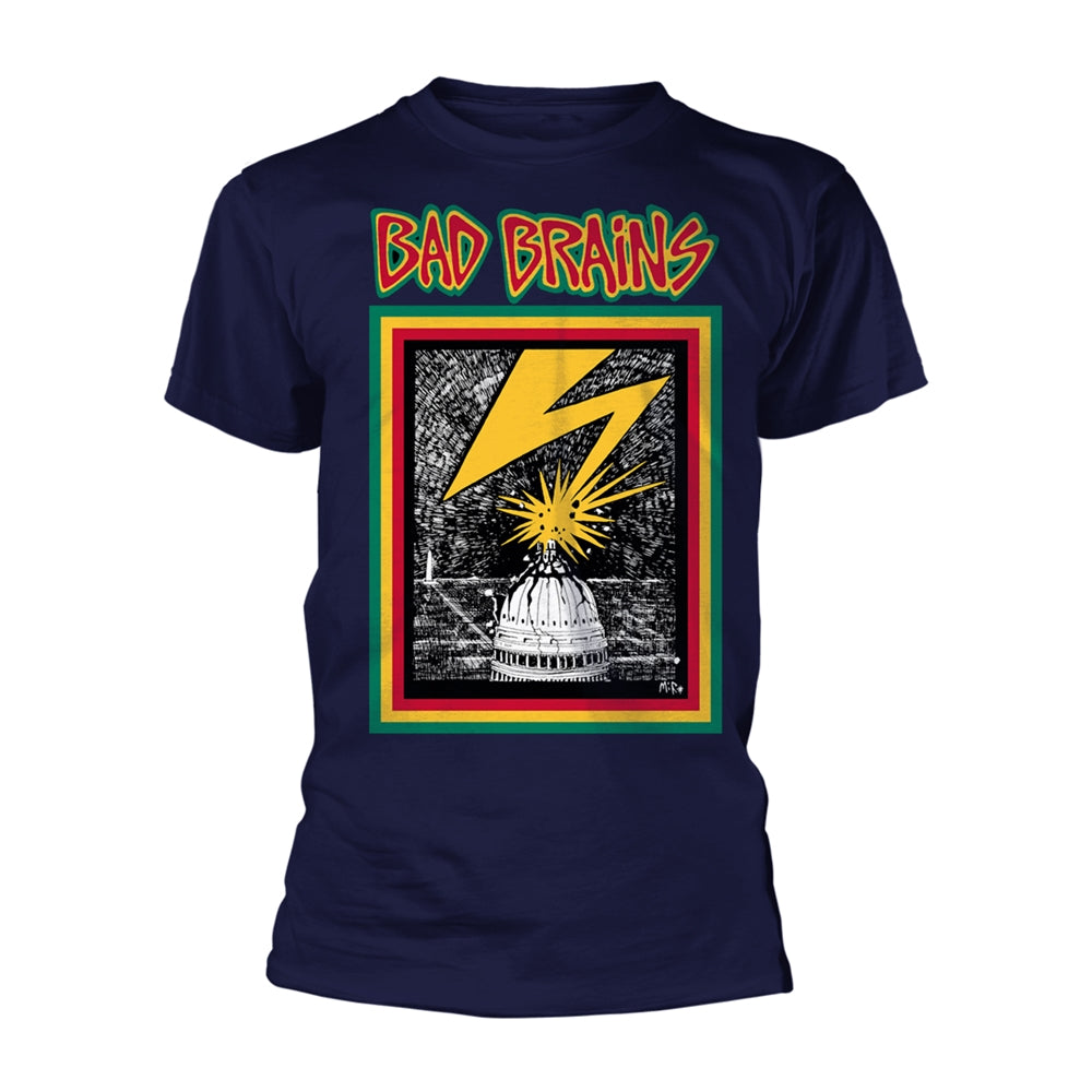 Navy t-shirt with "Bad Brains" logo and lightning bolt graphic.