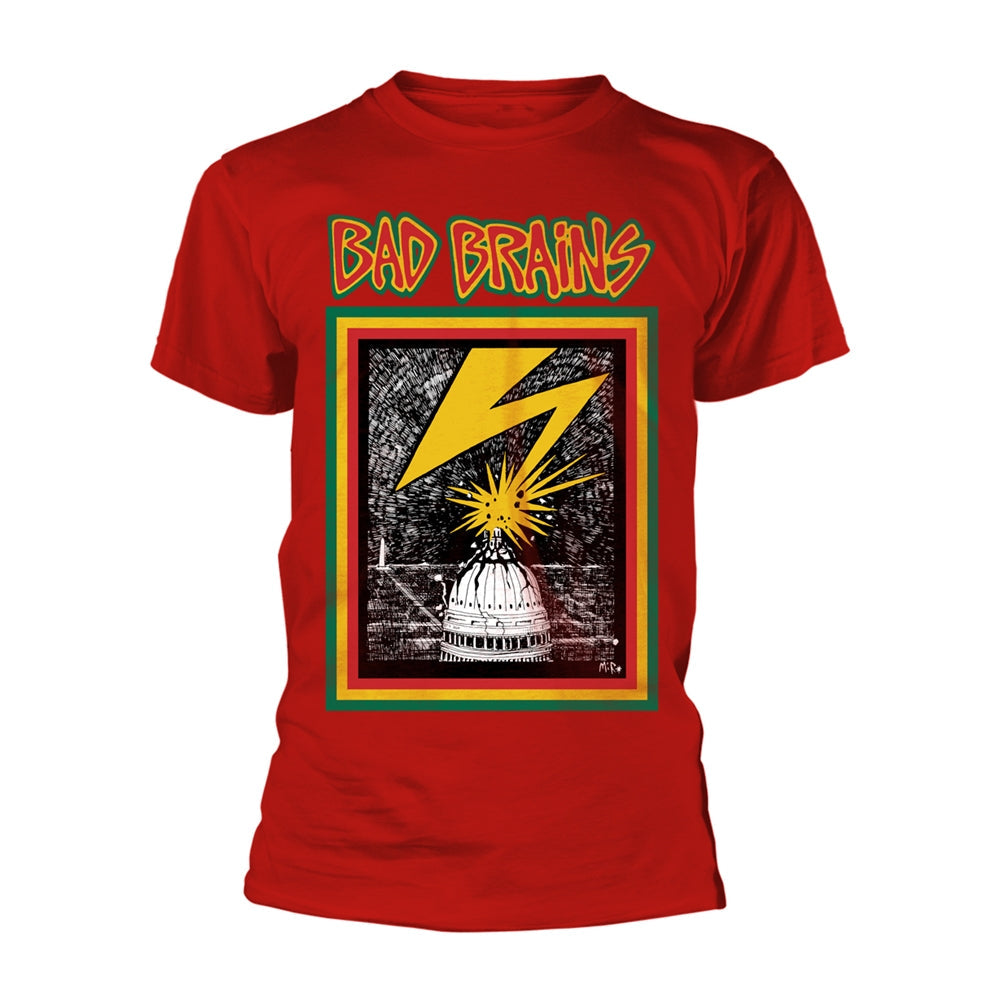 Red t-shirt with "BAD BRAINS" text and a lightning bolt graphic.
