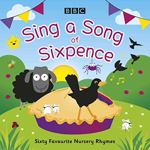 Book cover with blackbird, sheep, pie, and nursery rhyme illustrations.