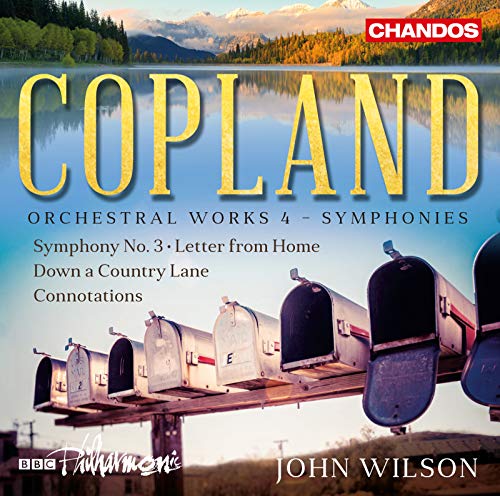 CD cover for Aaron Copland orchestral works, featuring mailboxes and mountains.